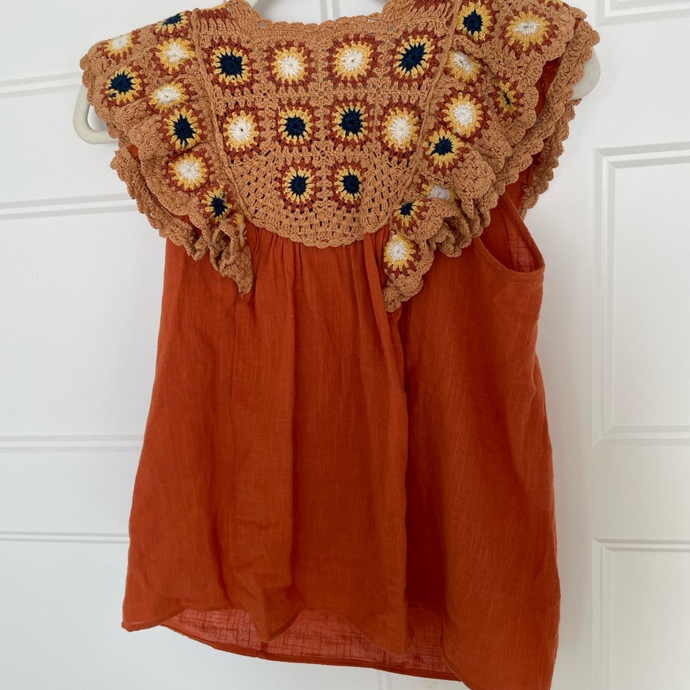 Sezane Terracotta Crochet Detail Blouse